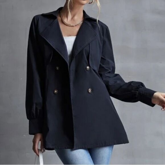 SHEIN Never Been Worn Lapel Neck Double Button Belted Trench Coat S Navy Blue - Picture 6 of 14